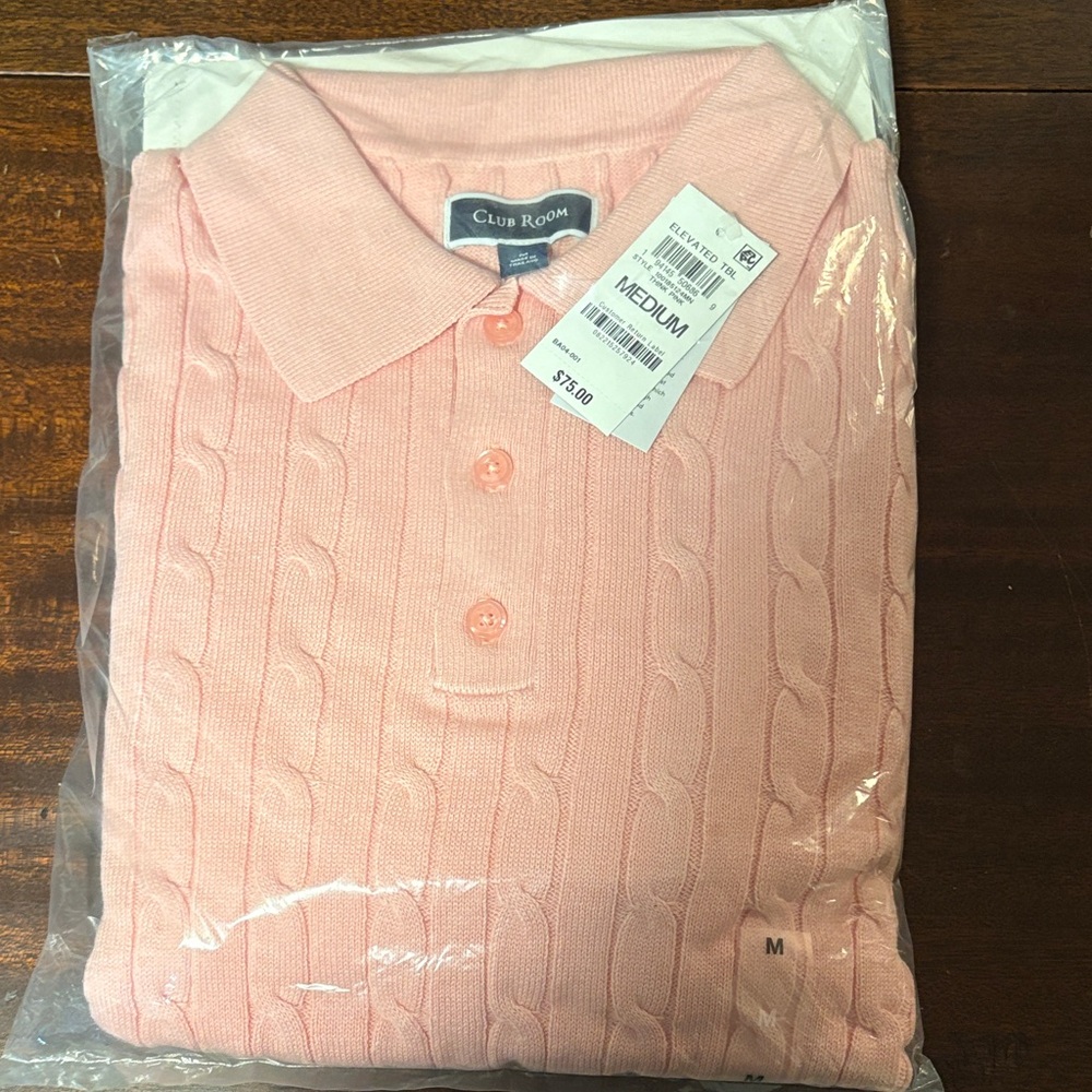Club Room Light Pink Cable Knit Polo long sleeve NEW